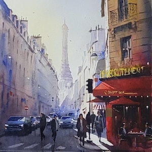 Watercolor Paris, Original Watercolor Painting, Cafe Scene, Eiffel Tower