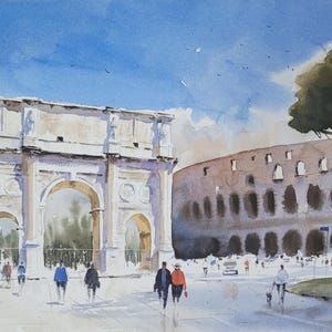 Roma Italia Originale Acquerello Dipinto Arco di Costantino Colosseo Acquerello Paesaggio Urbano Dipinto