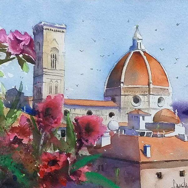 Watercolor Florence, original watercolor (and soft pastel) painting, Duomo view, gift for him, Christmas, Italy landscape, artdeco, aquarell