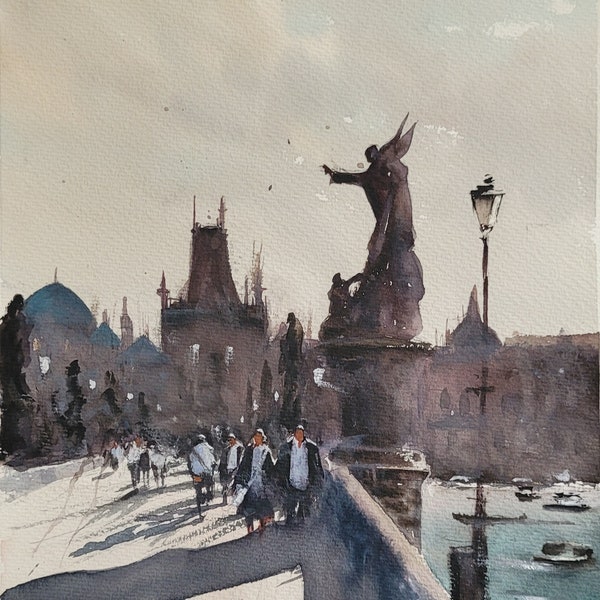 Aquarelle originale de Prague Pont Charles Paysages urbains tchèques