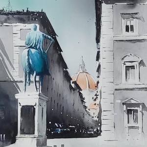 Aquarel Florence, originele aquarel, monument van Ferdinando, Via dei Servi, stadsgezichten van Italië