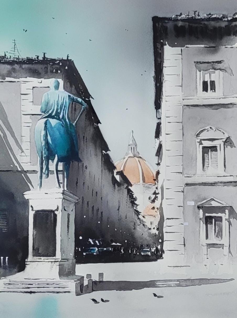 Aquarel Florence, originele aquarel, monument van Ferdinando, Via dei Servi, stadsgezichten van Italië