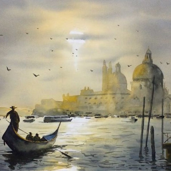 Venice Original watercolor painting Sunset in Venice Landscape painting Aquarelle Original Gift for him Gift for her