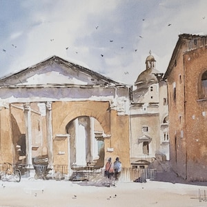 Roma Dipinto originale ad acquerello, Portico di Ottavia, Acquerello Italia Decorazione per la casa, Regalo per lui, Regalo per lei, Watercolorlord