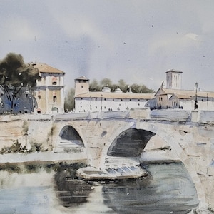 Rome Original Watercolor Painting Ponte Cestio Bridge Italy Cityscapes