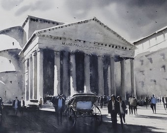 Pantheon Rome Original Watercolor Painting Italy Original Artwork Monochrome Watercolor Painting