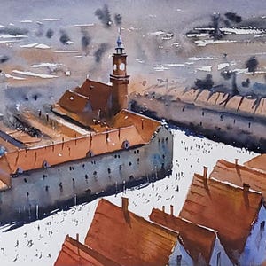May include: Watercolor painting of a cityscape featuring buildings with red-orange roofs and a tall clock tower. The artwork has a muted color palette with shades of brown, gray, and blue, creating a vintage aesthetic.