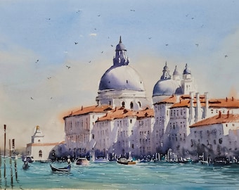 Dipinto originale ad acquerello di Venezia, Canal Grande, Santa Maria della Salute, Regalo per lui, Regalo per lei, Acquerellolord