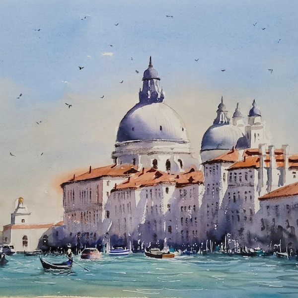 Aquarelle originale de Venise, Grand Canal, Santa Maria della Salute, cadeau pour lui, cadeau pour elle, aquarelliste