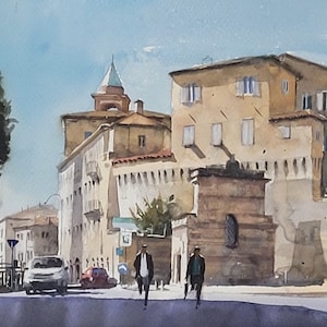 Watercolor Fermo Original painting Watercolor Italy cities Marche painting Watercolor medieval street