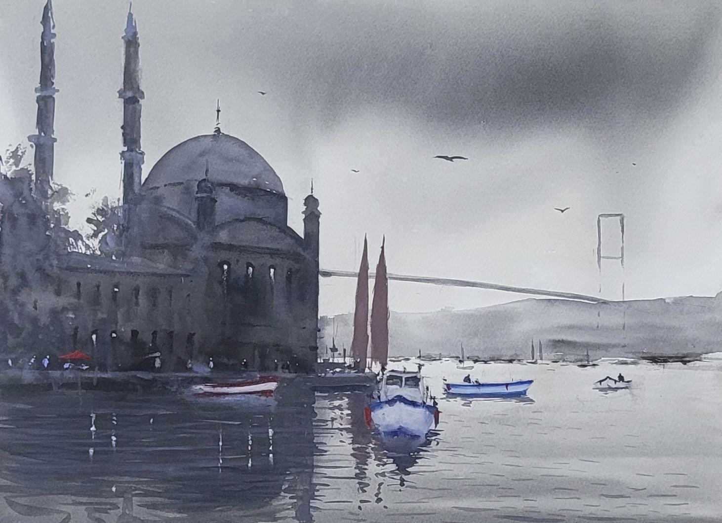 奥村ユズル 水彩画原画 イスタンブールのモスク 奥村ユズル 水彩画原画