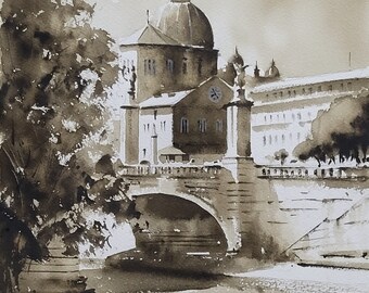 Rome Italy Original Watercolor Painting Ponte Sant'Angelo Sepia Color Rome WatercolorLord