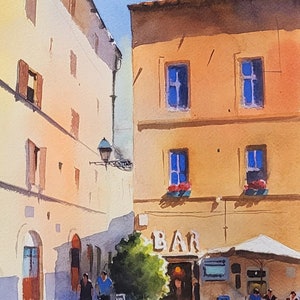 Trastevere Roma Originale Acquerello Dipinto Italia Paesaggi urbani Bar a Trastevere Acquerello Scena di strada di Erkan Mercan