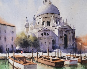 Origineel aquarel schilderij van Venetië, aquarel zeegezicht, Santa Maria kerk