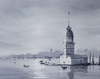 オリジナル水彩画：イスタンブール オルタキョイ モスク、ボスポラス