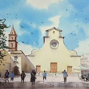 Watercolor Florence, Santo Spirito Church, original watercolor painting, watercolor Italy