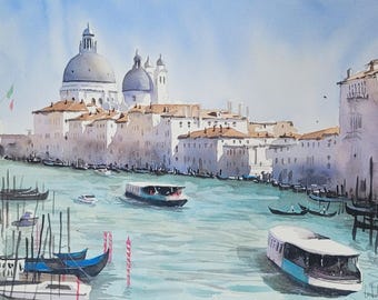 Aquarel Venetië Italië, origineel handgemaakt schilderij, Grand Canal Boats, stadsgezichten van Italië