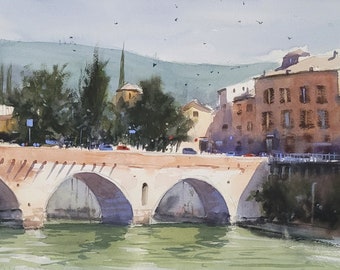 Original Aquarell Venezianer Malerei, Italien Städte, Pietra Brücke, Geschenk für Sie, Geschenk für Ihn