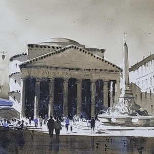 Pantheon Roma, Acquerello originale, Piazza della Rotonda, Paesaggi urbani italiani