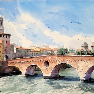 Original watercolor Verona painting, Ponte Pietra, Italy