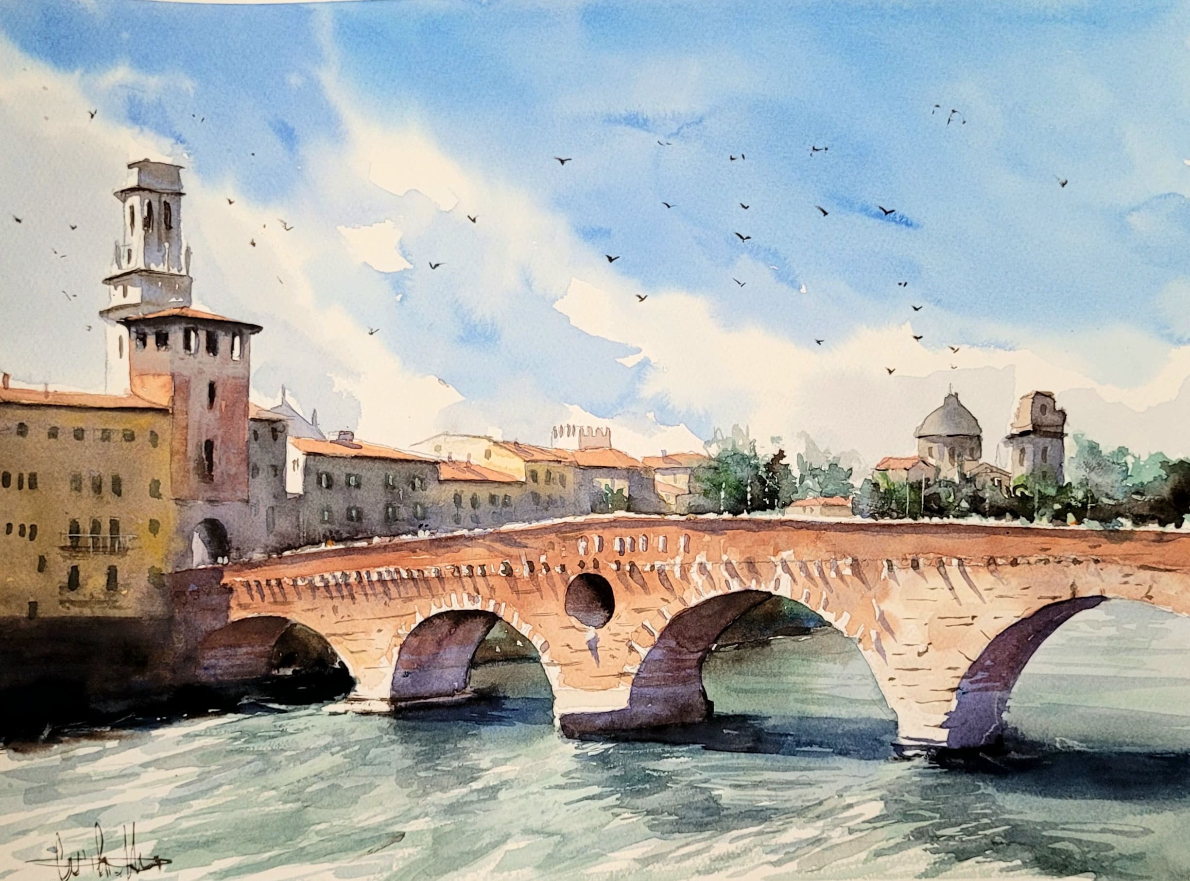 Original watercolor Verona painting, Ponte Pietra, Italy