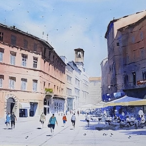 Watercolor Perugia, Original Hand Made Painting, Cityscape from Umbria, Italy Painting