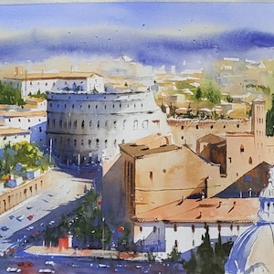 Colosseum Rome Watercolor Painting: Aerial Cityscape Art, Italy