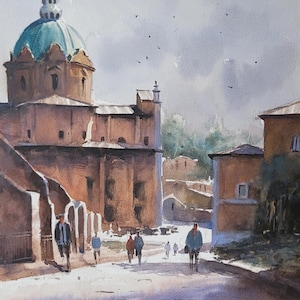 Dipinto originale ad acquerello di Roma, Santi Luca e Martina, Città italiane ad acquerello, Regalo per lui, Regalo per lei, Watercolorlord