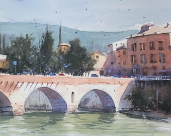Original watercolor Verona painting, Ponte Pietra, Italy