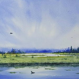 Parco nazionale di Yellowstone, pittura ad acquerello originale, paesaggi degli Stati Uniti, pittura di erba, pini