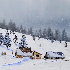 Paesaggio invernale, dipinto ad acquerello originale, baita innevata, villaggio di montagna rumeno, dipinto di pino