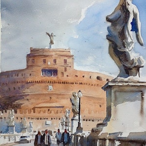 Acquerello Sant'Angelo Originale Acquerello Dipinto Roma Opera d'Arte Italia Pittura Architettura Romana Acquerello Arte
