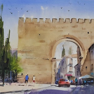 Dipinto originale ad acquerello di Granada, Porta Elvira, Città della Spagna, Regalo per lui, Regalo per lei, Watercolorlord