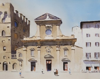 Santa Trinita Kirche Original Aquarell Malerei Florenz Aquarell italienische Städte