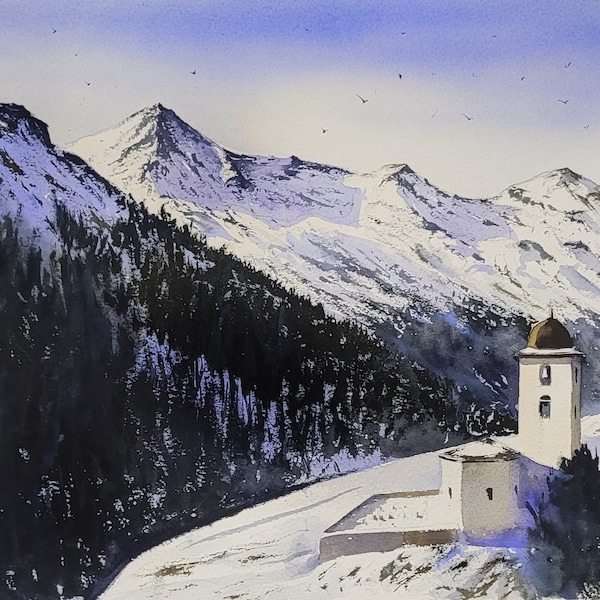 Avers Switzerland Original watercolor painting Mountain village painting Alpine Watercolor winter painting Original art