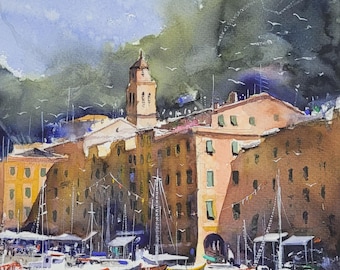 Aquarel Portofino, origineel handgemaakt schilderij, zeegezichten van Bari Ligurië