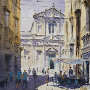 Watercolor Lecce Original watercolor Painting Watercolor Italian cities Cafe painting