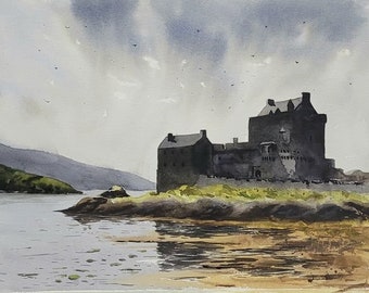 Castello di Eilean Donan Dipinto ad acquerello originale Pittura di paesaggio scozzese Pittura di Donnan Island nel Regno Unito