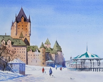 Montreal Canada Original Watercolor Painting Chateau Frontenac Snowy Quebec Painting Watercolor Cityscape Painting