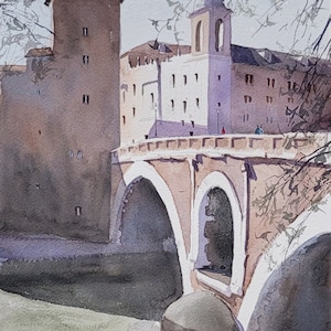 Dipinto originale ad acquerello di Roma, Ponte Fabricio, Isola Tiberina, Italia, Regalo per lui, Regalo per lei, Watercolorlord