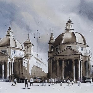 Acquerello Roma, Dipinto ad acquerello originale, Piazza del Popolo, Chiesa di Santa Maria, Acquerello Italia