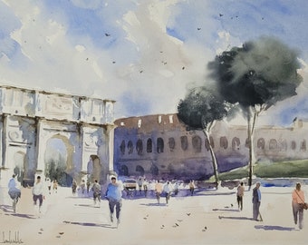 Original watercolor Rome painting, Arch of Constantine, Colosseum painting, Watercolor Italy, Gift for him, Gift for her, Watercolorlord