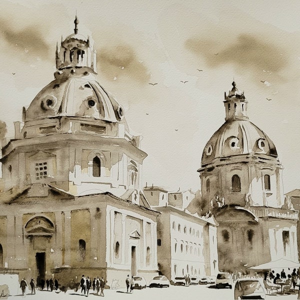 Original watercolor Rome painting, Trajan Column, Churches of Santa Maria di Loreto, Gift for him, Gift for her, Watercolorlord