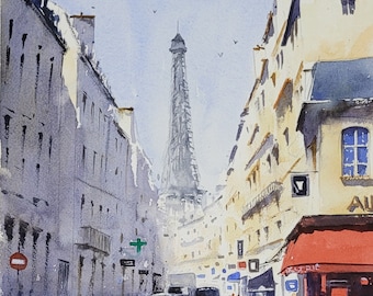 Paris street Original watercolor painting France cityscapes Watercolor street scene