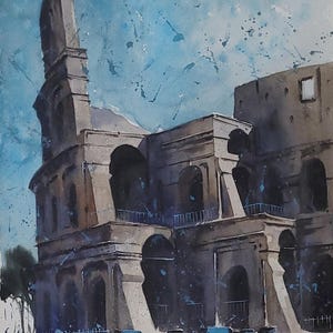 Colosseo, Roma, Dipinto originale ad acquerello, Paesaggi urbani italiani, Dipinto di edifici antichi, Roma ad acquerello
