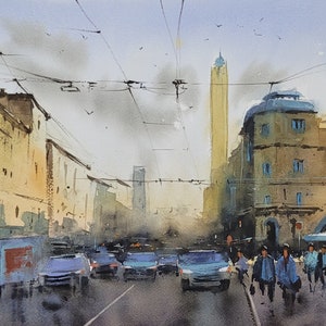 Bologna Original watercolor painting Rizzoli street Via Rizzoli Watercolor cityscape Original art