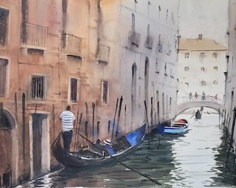Originele aquarel: Venetië Canal Gondola Art (12 x 16 inch)
