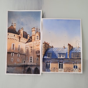 Set of 2 Original Watercolor France Paintings, Château du Lude, Paris Rooftops