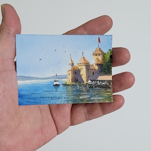Watercolor ACEO Chillon Castle, Original Hand Painted Miniature Art, Switzerland Landscapes