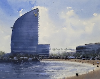 Original Aquarell Barcelona Strand, Strandbild, Geschenk für Sie, Geschenk für Ihn